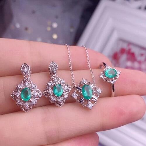 Charming green emerald gem ring earrings necklace jewelry set natural real gem silver golden color elegant green color gift