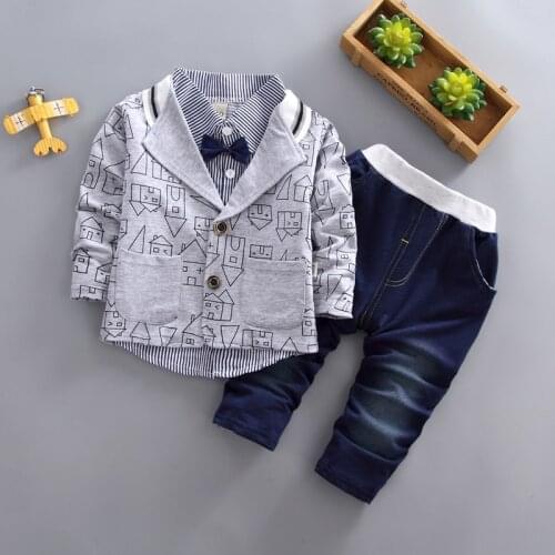 2020 Autumn Boys Fashion Three-piece Jacket Shirt Jeans 3-piece Suit Childrens Clothing Clothes Set Hand Drawn House Pattern