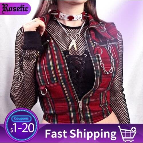 Rosetic Summer Gothic Chic Sexy Club Punk Ladies Red Women Tops Blouses Slim Lapel Zipper Chain Plaid Female Goth Retro Hip Hop
