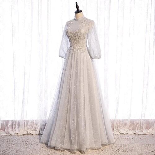 Gray Temperament Evening Party Dress Elegant A-line Banquet Dress Embroidery Hostess Dress Fairy Maxi Mesh Dress Retro Prom Gown