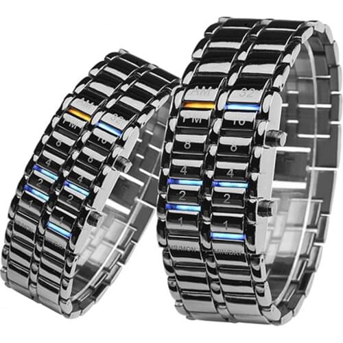 Upgraded Version Lava Iron Samurai Watch Men Bracelet Watches Men Binary Led Watches Black Stainless Steel Multifunction Watches