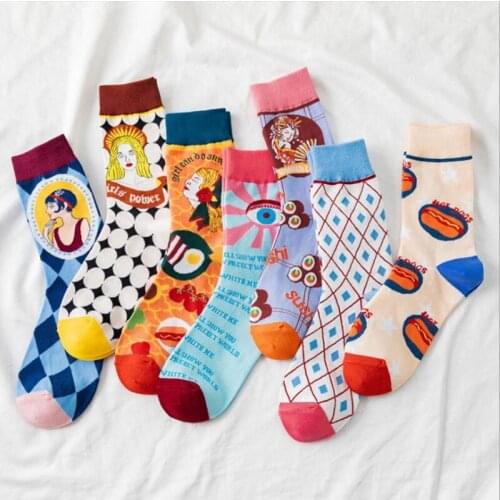 Spring Collection of Japanese Lolita Womens Wear Cartoon Woman, Eyes, Diamond, Diamond Squares,Hot Dog Pattern Cotton Socks