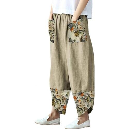Women Casual Pants Ethnic Print Patchwork Autumn Wide Leg Elastic Waist Plus Size Women Loose Trouser pantalones de mujer 2021