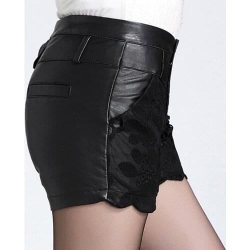 New Brand Women Shorts Black Pu Leather Female Shorts Printing Leather Shorts Sexy Woman Embroidery Mini Short Lace Plus Size