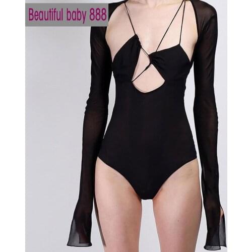 Meqeiss Ladies Sexy Deep V-neck Bodysuits Short Section Slim Lace Long Sleeve 2021 Spring Fashion Popular Casual Sport Jumpsuits