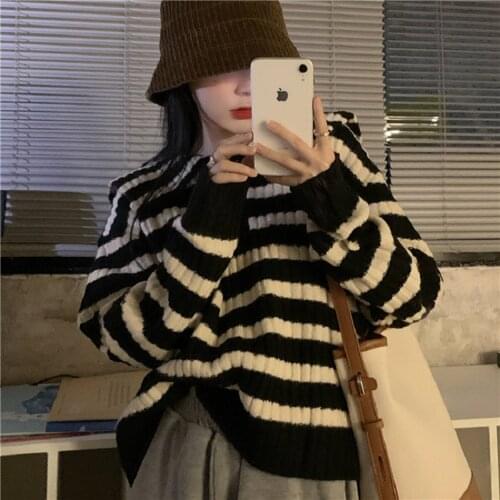 Women Sweaters Turn-down Collar Striped Knitted Pullovers Coat Female Korean Tops Loose Sweater Long-sleeved Sweaters for Women