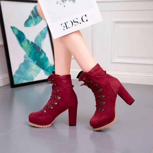 2021 New Spring And Autumn Suede Round Toe Super High Heel Square Heel Womens Mid-tube Boots