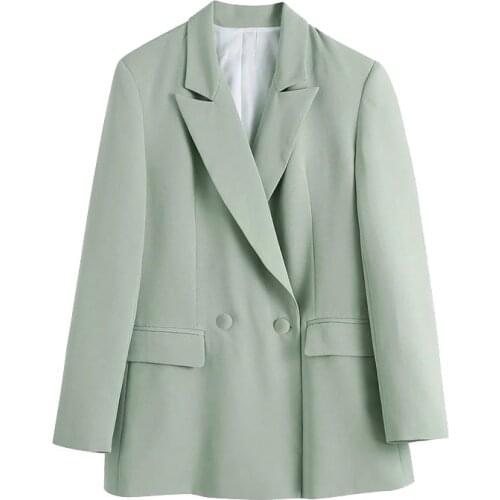 2021 New Women Fashion Double Breasted Fitted Blazers Coat Vintage Long Sleeve Pockets Female Outerwear Chic Veste Femme