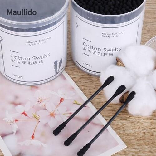 200pcs Disposable Double-Head Cotton Swab Spiral Ear Cleaner Black Medical Swab Lipstick Eyebrow Eyelash Cotton Bud Makeup Tool