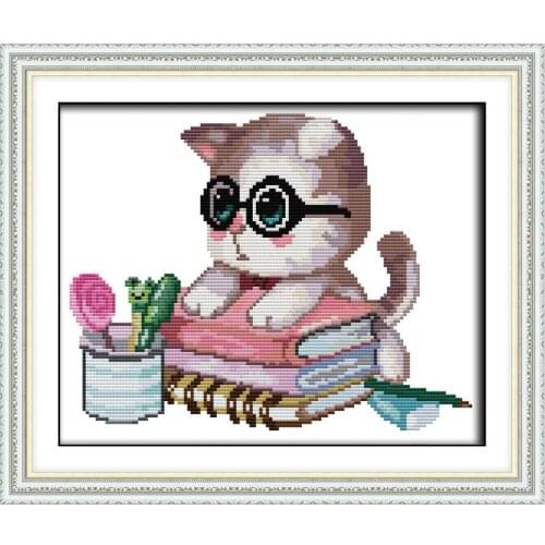 Joy Sunday Home Decor Handmade Cross-stitch Set DIY Needlework Painting Counted Print On Canvas 14CT A Cat That Loves Learning