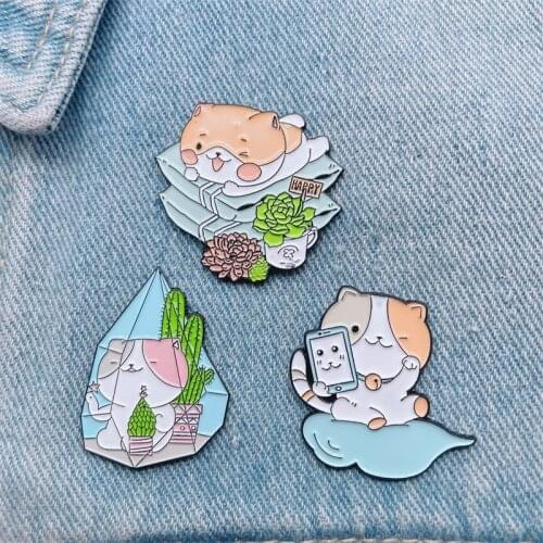 Cartoon Sweet Cute Animal Cat Enamel Brooch Plant Potted Cactus Alloy Pins Punk Badge Accessories Woman Jewelry Gift For Friends