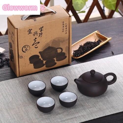 Soffe Purple Sand Ceramic Chiness Kung Fu Teapot Set With 4 Mini Cup And 1 Pot Suitable For Home Office Tea Set Drinkware