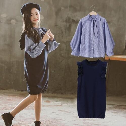 Korean Style Childrens Plaid Shirt Kids Two-Piece Set Girls Clothing Sets Long Sleeve Striped Bowtie Shirt Skirt 2 Pcs Outfits