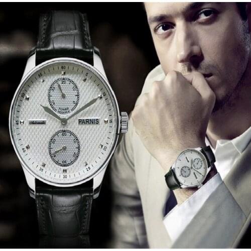 43mm Parnis Automatic Mens Watch Power Reserve Mechanical Watches Classic Men Wristwatch Top Brand Luxury relogio masculino 2019