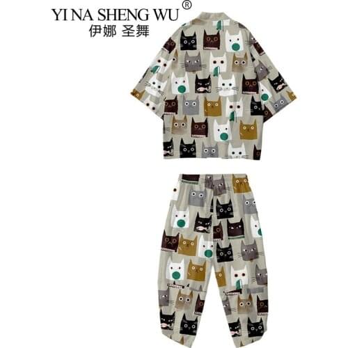 Men Kimono Clothing Pants and Coat Traditional Japanese Printing Cartoon Cat Asian Jacket New Fashion Tang Suit Harajuku Yukata
