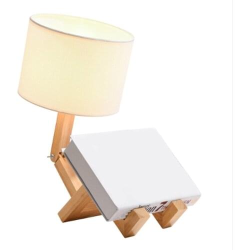 Robot Shape Wooden Table Lamp Holder Modern Cloth Art Wood Desk Table Lamp Parlor Indoor Study Night Light