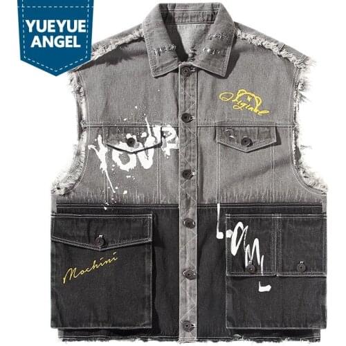 Autumn Mens New Graffiti Letter Print Vest Jacket Hole Korean Style Casual Loose Sleeveless Turn-Down Collar Fashion Vest