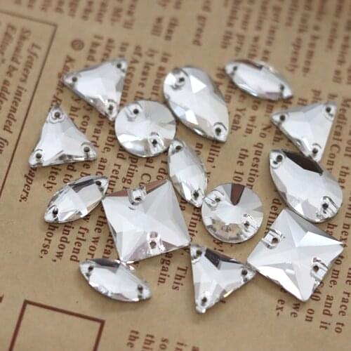 Mix Shape Round Waterdrop Crystal Clear AB Sew on Rhinestones Flatback With 2 Holes Glass Strass For Wedding dress Decoration