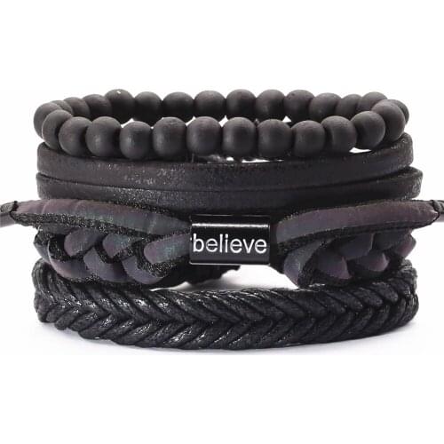 Believe Braided Handmade Punk 4 pcs/set Vintage Multilayer Wood Beads Charm Leather Bracelets Men Bracelets Women Homme Jewelry