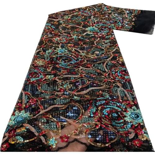 High quality French Nigerian sequins gold line net lace,African tulle mesh sequence lace fabric for dress 5 yards/lot RF-225