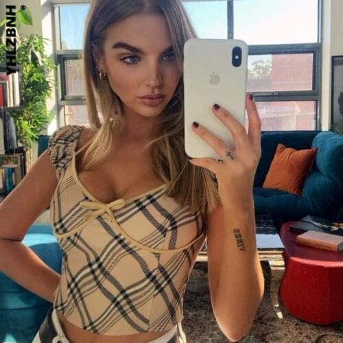 YHLZBNH Women Plaid Print Crop Tops Sexy Puff Short Sleeve Halter Neck Slim Fit T-Shirts Female Skinny Clubwear Streetwear