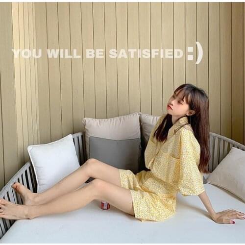 Womens Pajamas Korean Style Sweet Short Sleeve Yellow Leopard Print Homesuit Summer Lady Casual Loose Sleepwear 2 Piece Set