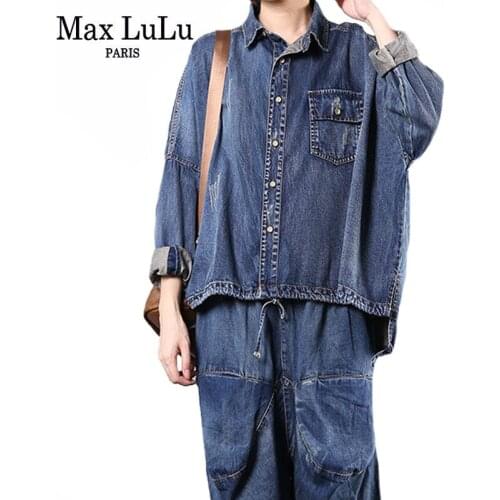 Max LuLu European Designer Style Spring Outfits Womens Vintage Denim Tops And Jeans Ladies Loose Solid Two Pieces Sets Big Size
