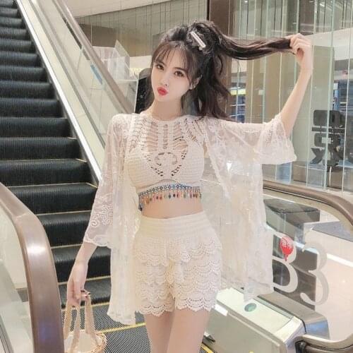 Boho New Sexy Women Three Piece Set Tassel Crop Top and Shorts Women Summer Holiday Lace Hollow Cardigan Sets Casual Clothes
