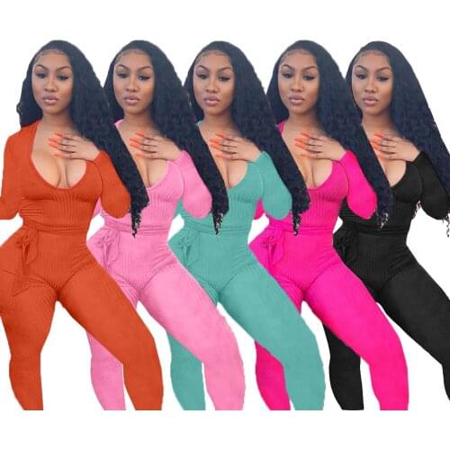 Echoine Casual Fashion Sexy Solid Color Ribbed Knitted Stripe Sports Jumpsuit Women Slash Lace Up Elastic Sexy Bodycon Rompers