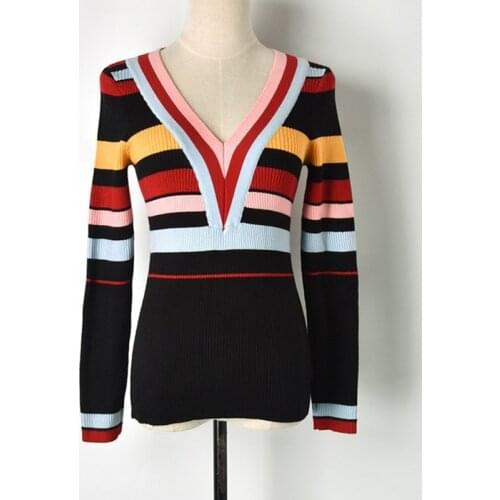 Runway Sweet Pullover Women Sweater Newest Autumn Sexy V-neck Color Stripes Patchwork Casual Slim Knitted Jumper Top