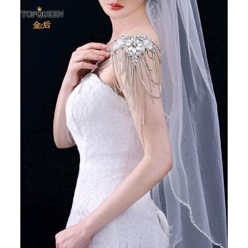 TOPQUEEN Rhinestone Pearl top Cape Women Bolero Short Wedding Jacket Wrap Bride Cape Wraps Shawl Strap for Wedding Dress Strap