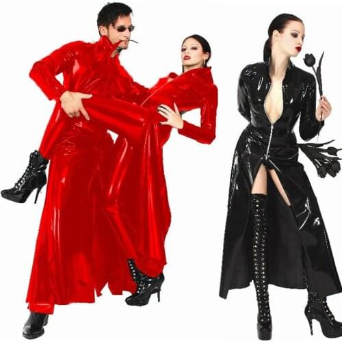 Women Men Matrix Long Black Wetlook Leather Coat Cosplay Red Cape Patent Leather DJ Night Club DS Party Shiny Trench Catsuit
