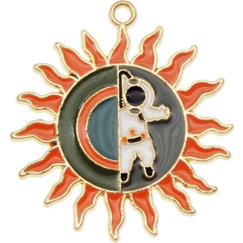 Julie Wang 3PCS Enamel Cartoon Sun Charms Alloy Gold Tone Astronaut Pendants Bracelet Earrings Jewelry Making Accessory