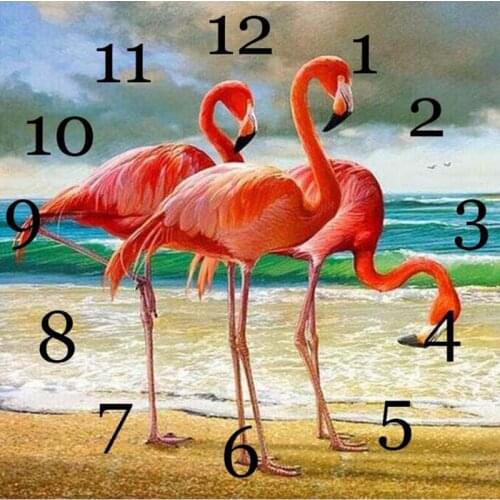 5D DIY Diamond Painting Cross Stitch Wall Clock Diamond Embroidery Full Round Bird Flamingo Watch Diamond Mosaic Pattern