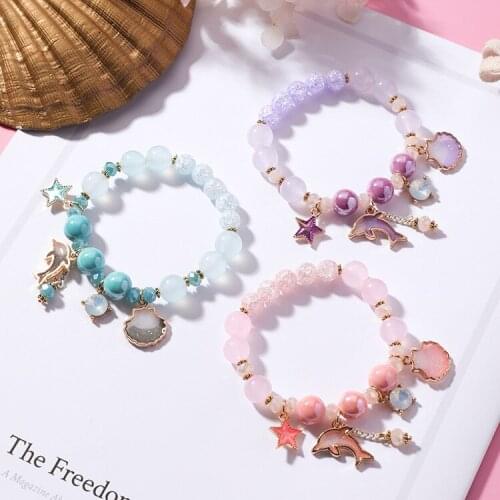 Sweet Crystal Stone Beaded Dolphin Shell Flower Pendant Bracelet for Women Girls Beach Summer Holiday Charm Jewelry Gift