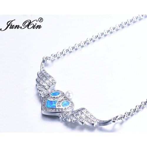 Trendy Female Blue Opal Pendant Necklace Charm White Gold Chain Necklaces For Women Cute Heart Wing Wedding Necklace