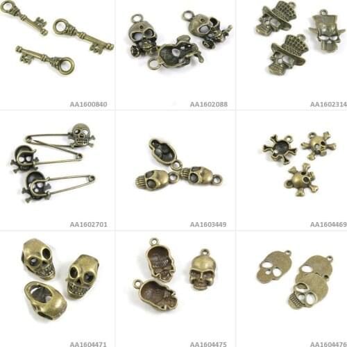 Antique Bronze Tone Jewelry Making Charms Skull Loose Beads Head Pirate Safety Pins Brooch Halloween Rose Skeleton Key Bracelet