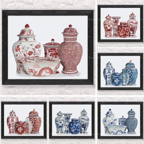 Ginger jar art, Blue and white china, Botanical decor, Chinoiserie vase, Living room wall art, Home decor, Oriental painting, Mi