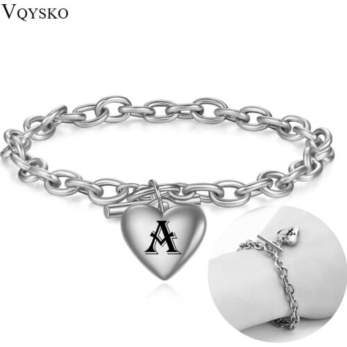 Custom A-Z Letter Jewelry Initial Heart Bracelets for Women Stainless Steel Chain Alphabet Charm Bracelet Name Bijoux Pulseiras