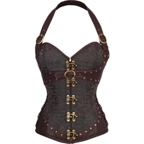 Brown Halloween Spiral Steel Boned Steampunk Gothic Bustier Corset with Laux Leather Halter Overbust Corset Top