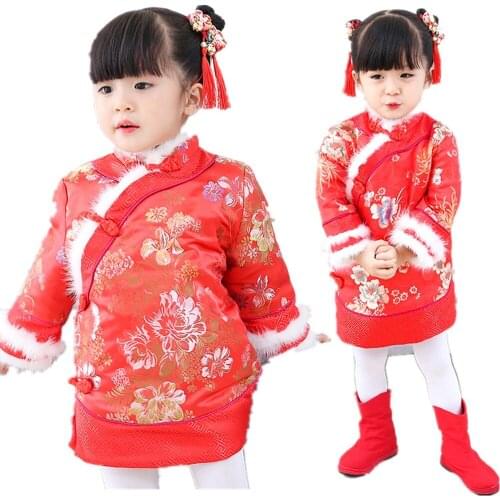 Red Floral Baby Girls Dress Quilted Down Jacket Chinese Traditional Qipao Dresses Children Cheongsam Girl Coat Outerwear Tops