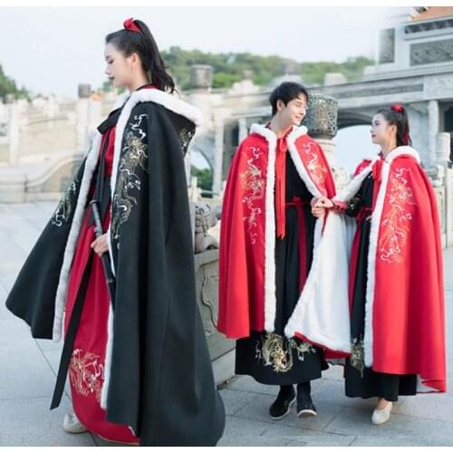 Couples Hanfu Cloak Chinese Ancient Traditional Winter Thickness Black Velvet Cape Cloak Coat Christmas Costume For Men/Women
