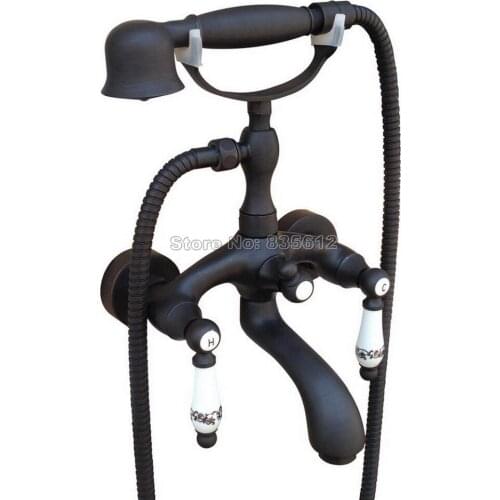 Bathroom Black Oil Rubbed Bronze Dual Ceramic Handles Wall Mounted Bath Tub Mixer Tap with Handheld Shower Head Faucet Wtf569