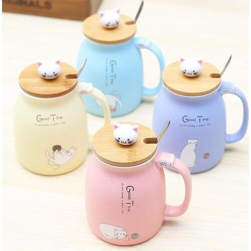 New Sesame Cat Heat-Resistant Cup With Lid Spoon Color Office Cartoon Teacup Kitty Ceramic Mug ChildrenS Students Cup