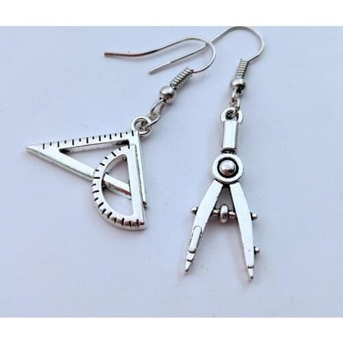 New Creative Funny Vintage Compasses Set Square Drop Earrings Antique Silver Fun Earrings for Women Girl Personalized Brincos