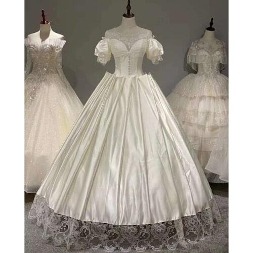 Vestido De Noiva 2020 Gryffon Real Photo Luxury Satin Lace Up Ball Gown Sweet Puff Sleeve Palace Princess Wedding Dresses