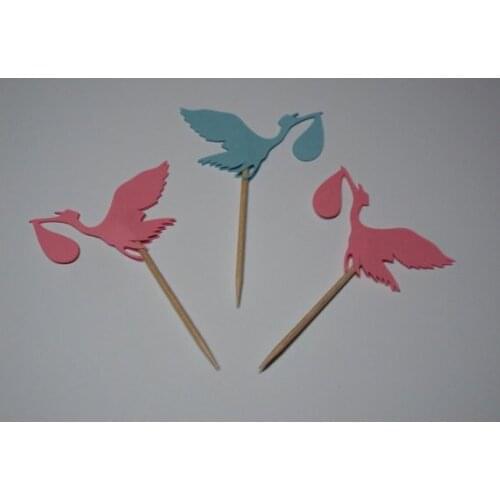 Pink & Blue Stork Cupcake Toppers/Gender Reveal Party/Food Picks baby shower birthday toothpicks decorations