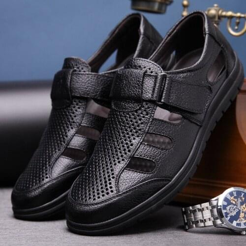 Genuine Leather Men Sandals Summer Outdoor Hollow Fashion Sandalias Men Casual Beach Shoes Soft Bottom Breathable