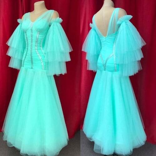 Mesh cake sleeve New Standard Ballroom Dance Dress Women Girls Competition Costume Waltz singer Stage Dance Wear Clothes