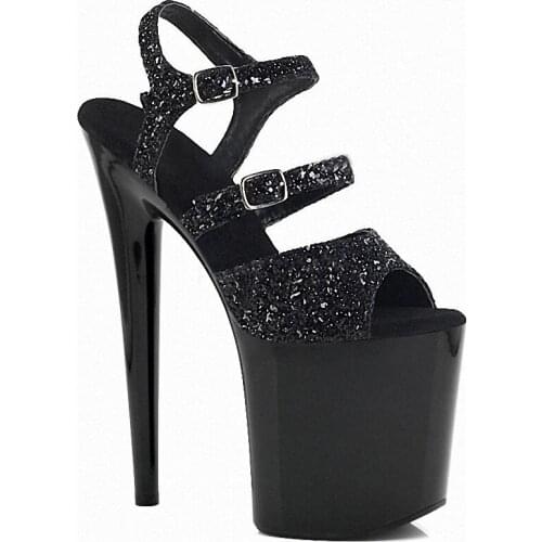 2021New Style 8 Inch Black Bling Round Toe Platform Sandals Buckle Strap 20cm High Stripper Heeled Pole Dance Shoes Womens Sexy
